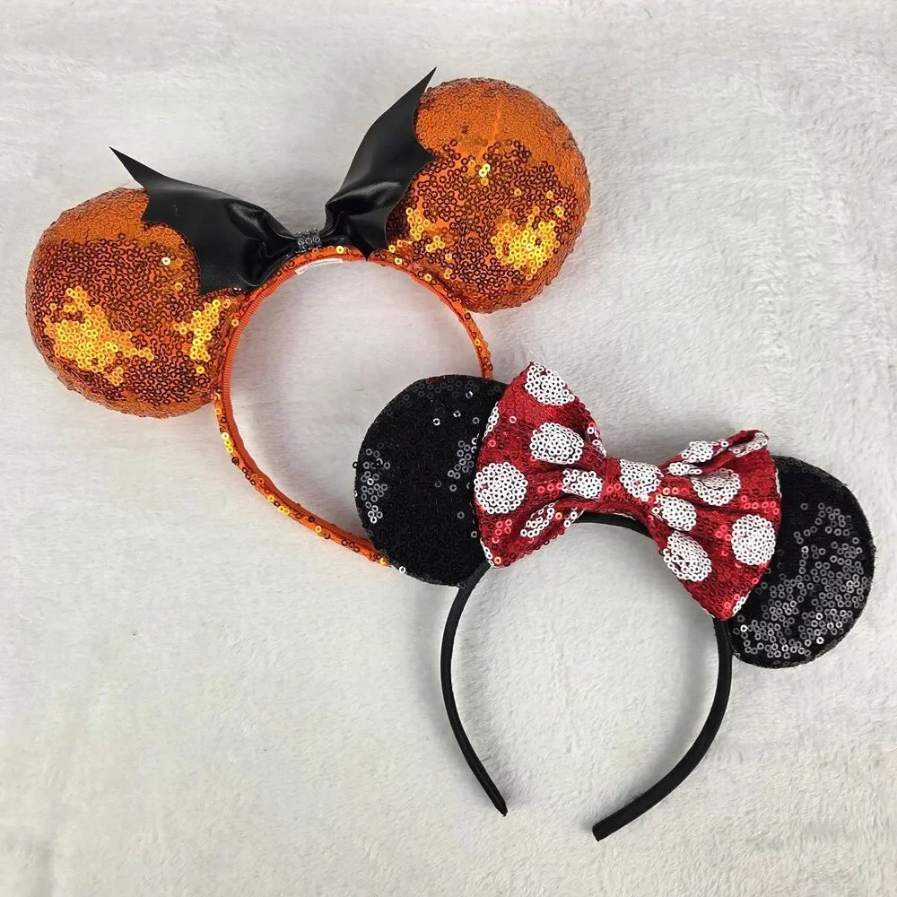 Sequined Minnie Mouse Ears Headband Set Red Bow And Orange Bat Disney